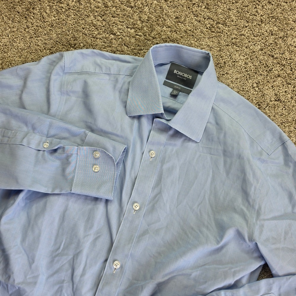 Bonobos Wrinkle-Free Dress Shirt Mens 15.5 34 Slim Fit Blue Long Sleeve Business